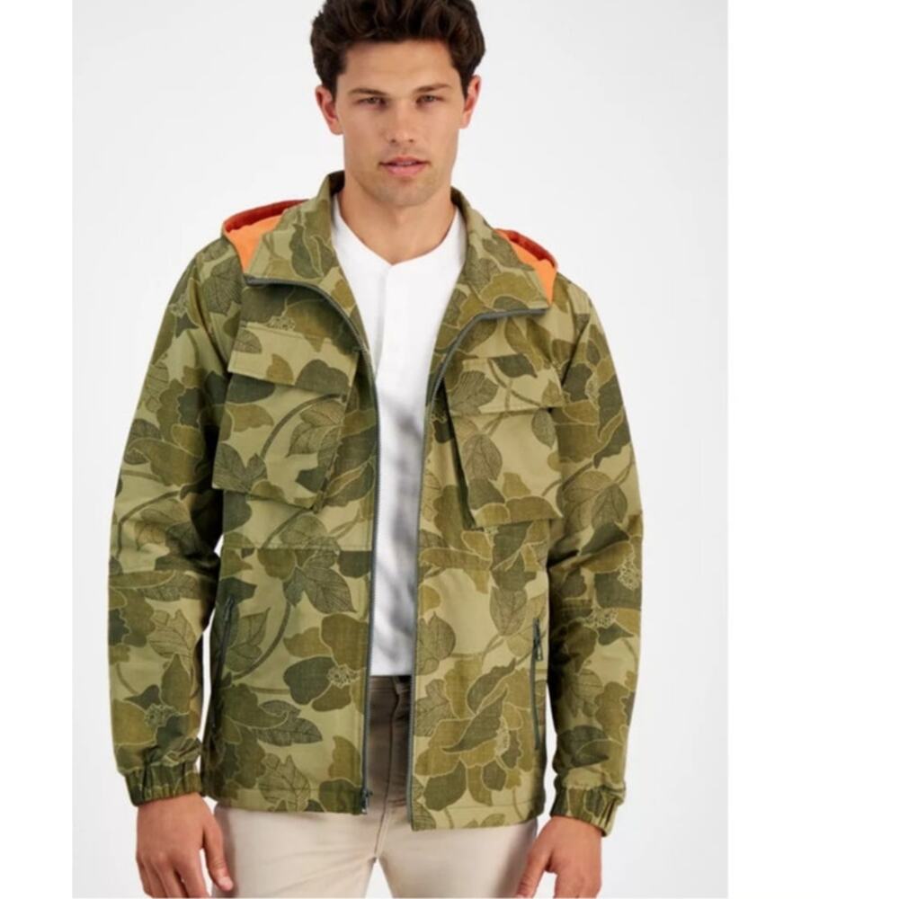 Sun + Stone Mens Camo Green Leaf Print‎ Full Zip Hooded Windbreaker Size L NWT